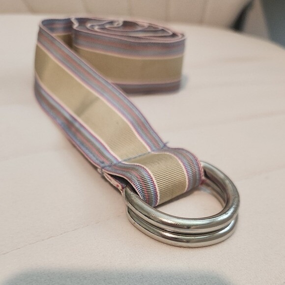 Molly B. Silver D Ring Striped Ribbon Belt Beige Pink Blue 41" Preppy Coastal - Picture 1 of 5